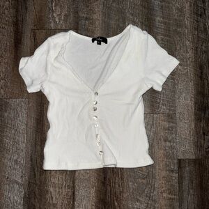 Lulu's White Ribbed V-Neck Button Crop Top